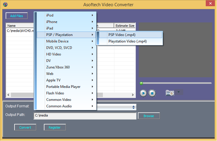 Интерфейс Asoftech PSP Video Converter