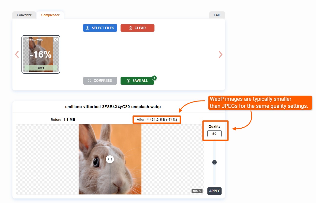 Сжатие WebP через Quality в ImageCompressor.com