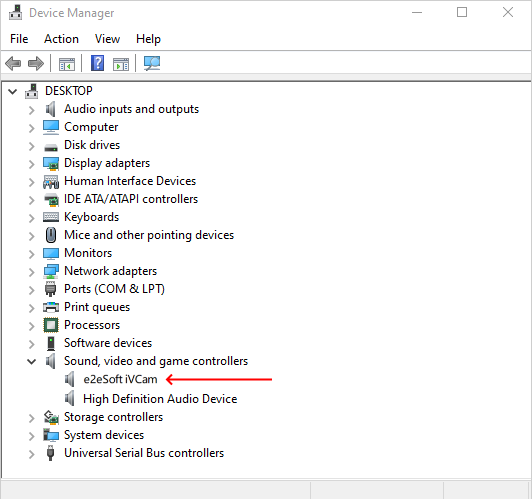 Диспетчер устройств Windows с аудиодрайвером e2eSoft iVCam