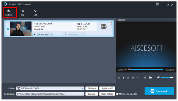 Загрузка ролика в Aiseesoft Video to GIF Converter