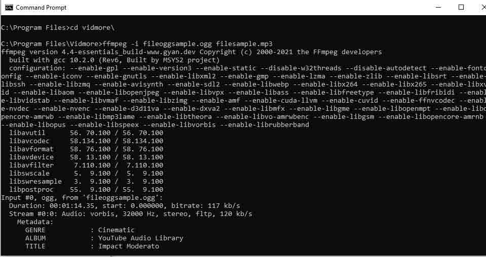 Командная строка FFmpeg при конвертации OGG в MP3