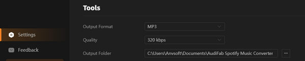 Выбор MP3 и качества в настройках AudiFab