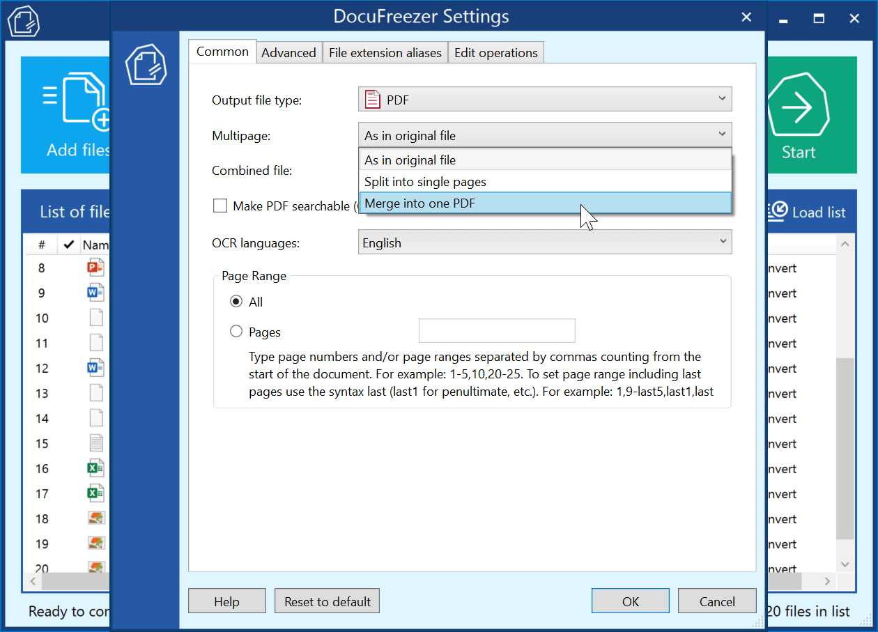 Настройки DocuFreezer: Merge into one PDF и Make PDF searchable OCR