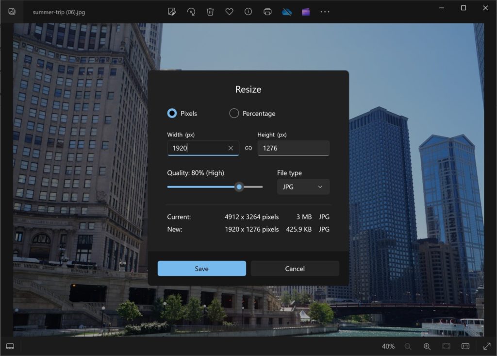 Диалог Resize image с размерами качеством и типом файла в Microsoft Photos