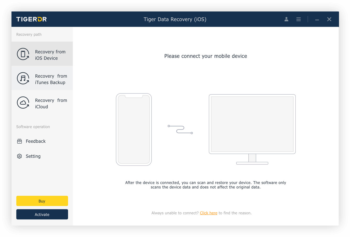 Интерфейс Tiger Data Recovery с выбором устройства, iTunes Backup и iCloud