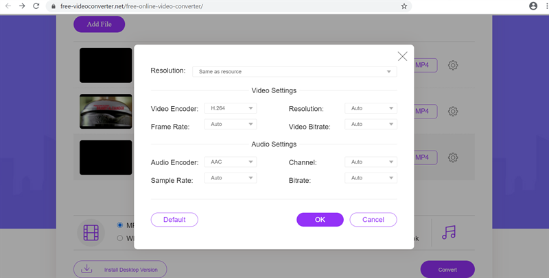 Окно настроек видео и аудио в FVC Free Video Converter Online