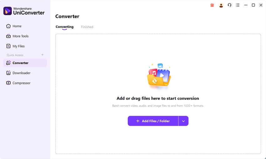 Раздел Converter в Wondershare UniConverter с кнопкой Add Files Folder
