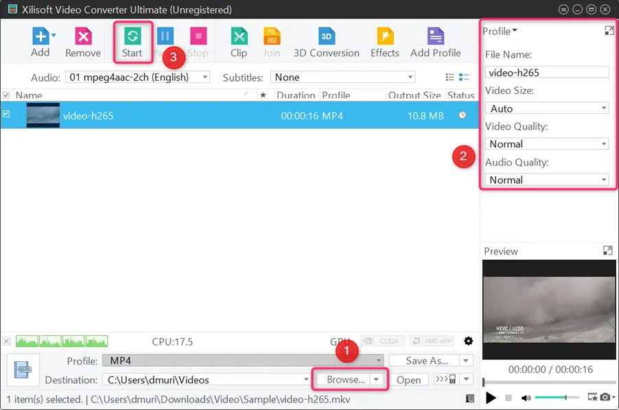 Параметры вывода и запуск Xilisoft Video Converter