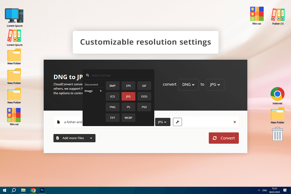 Интерфейс CloudConvert для конвертации DNG в JPG