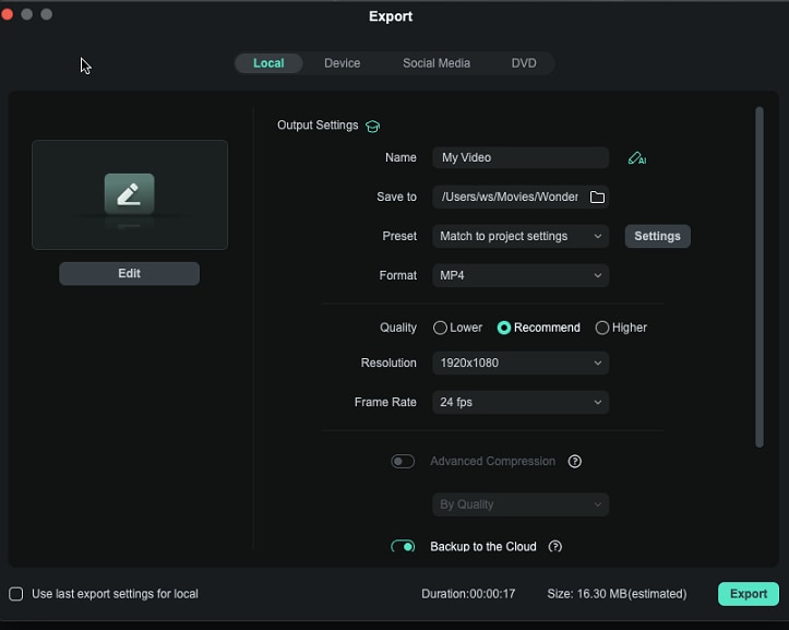 Окно экспорта Wondershare Filmora на macOS