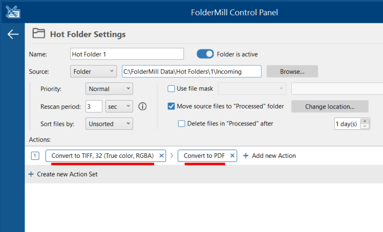 Настройка Hot Folder и действия Convert to TIFF в FolderMill