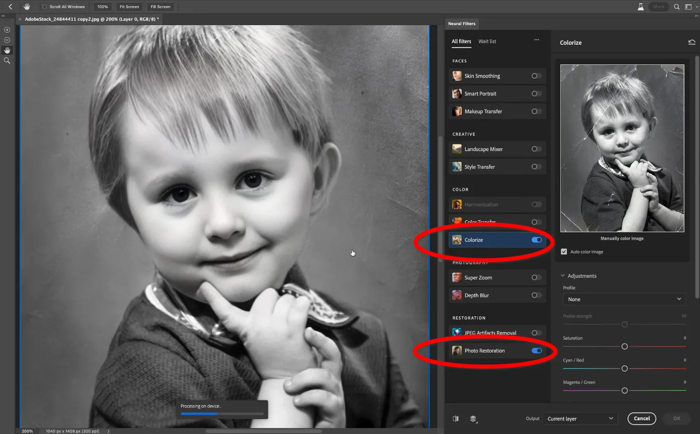 Интерфейс Adobe Photoshop при восстановлении старого фото