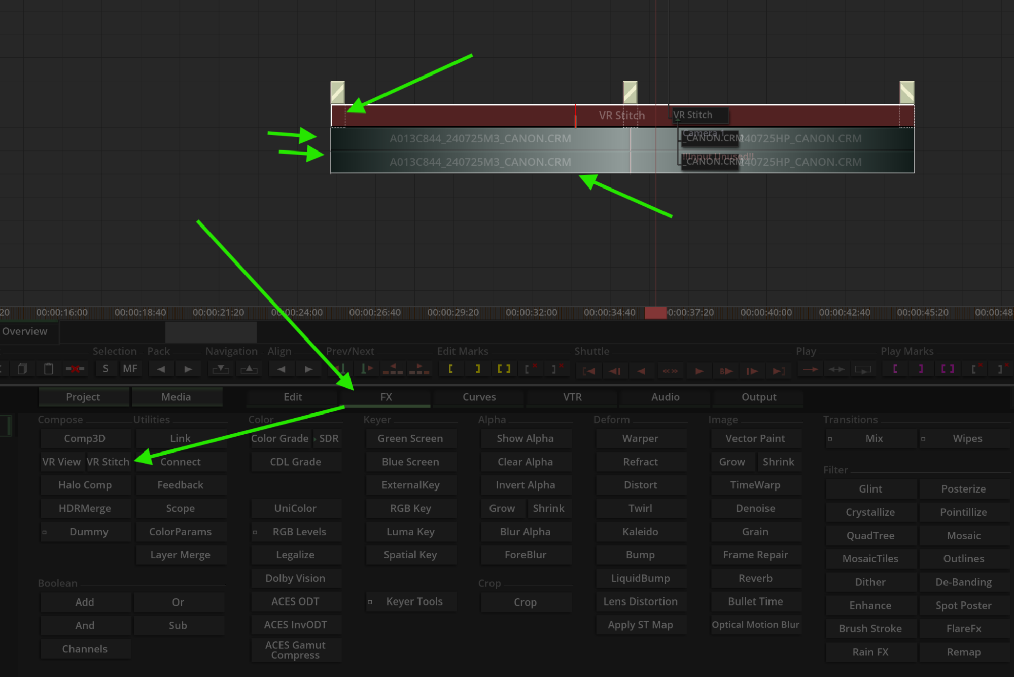 Timeline Mistika Boutique с VR Stitch, Color Grade и панелью FX