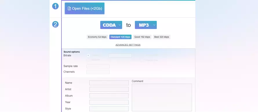 Настройки аудиоконвертации в online-audio-convert.com