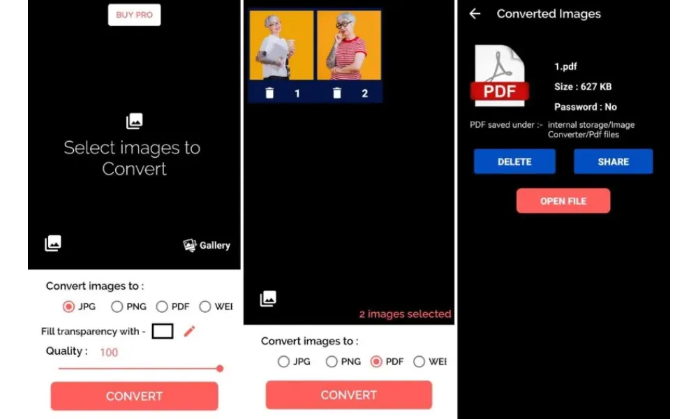 Android-приложение Image Converter: выбор PNG, формата PDF и готового файла