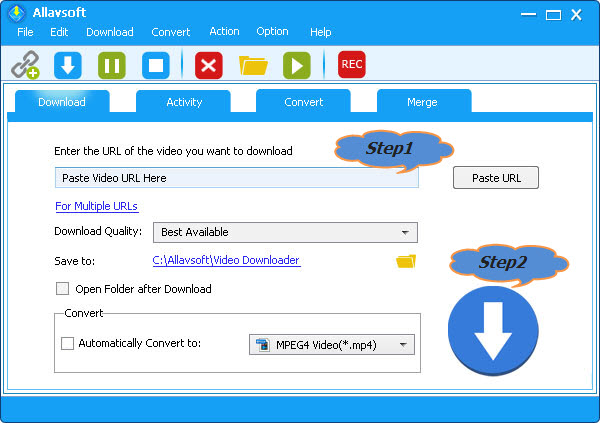 Главное окно Allavsoft с вкладкой Download, полем Paste Video URL Here и кнопкой paste URL