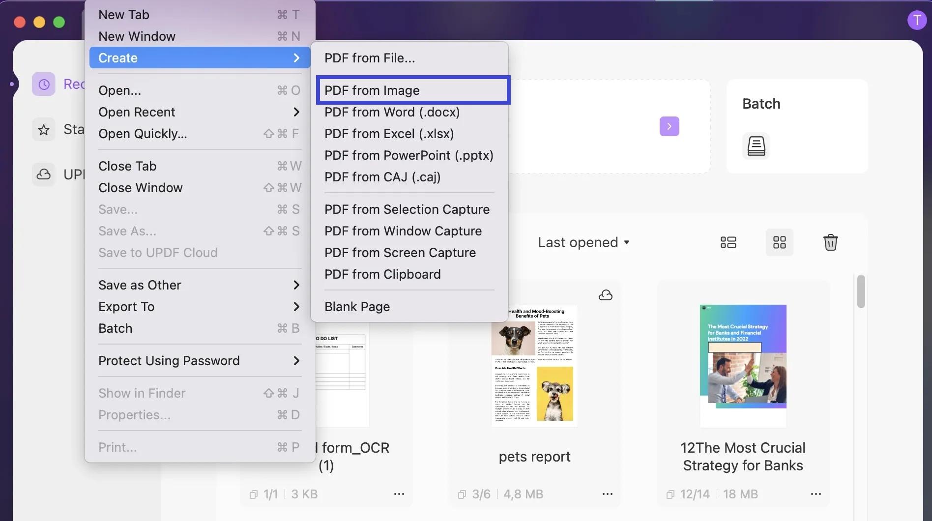 Команда PDF from Image в UPDF на macOS