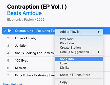 Интерфейс iTunes с командой Song Info для музыкального файла