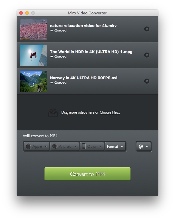 Miro Video Converter после выбора MP4: активная кнопка Convert to MP4