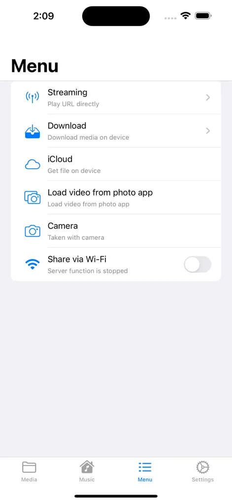 Меню мобильного проигрывателя с iCloud и передачей по Wi-Fi