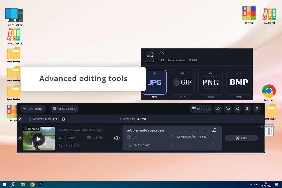 DNG в очереди Movavi Video Converter и выбор JPG как выходного формата