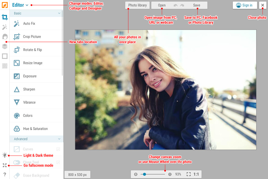 Обновлённый интерфейс iPiccy с переключением Editor, Collage и Designer, кнопками Photo Library, Open и Save, а также шкалой масштабирования
