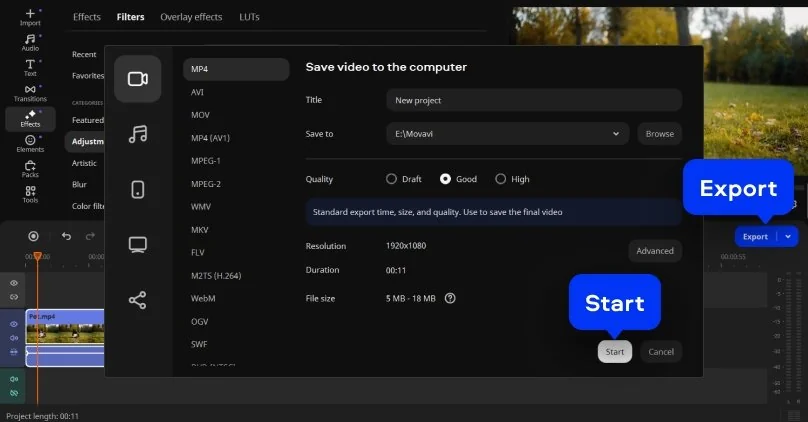 Экспорт результата в Movavi Video Editor