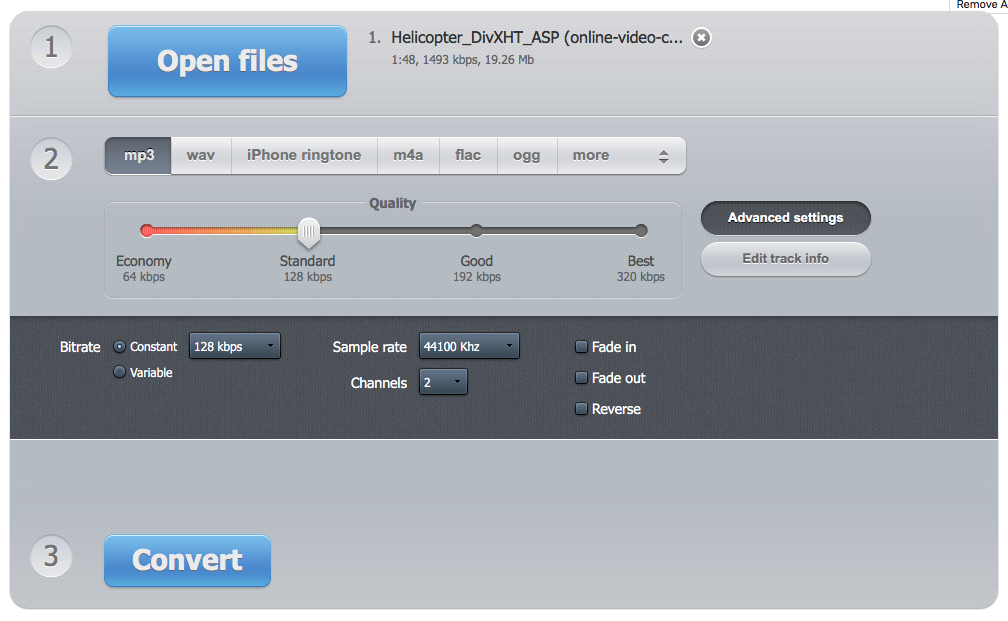 Интерфейс 123apps Audio Converter с кнопками Open files Advanced settings и Convert
