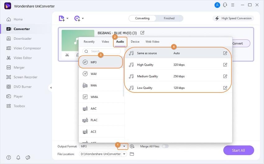 Выбор Audio → MP3 и профиля качества в Wondershare UniConverter