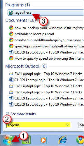 Меню Пуск Windows 7 с найденным regedit.exe перед запуском редактора реестра