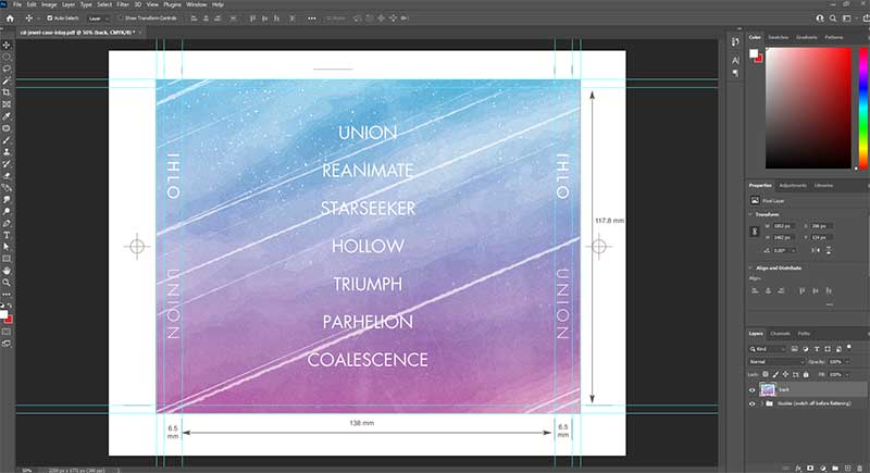 Adobe Photoshop: редактирование задней части jewel case с направляющими, корешками и трек-листом