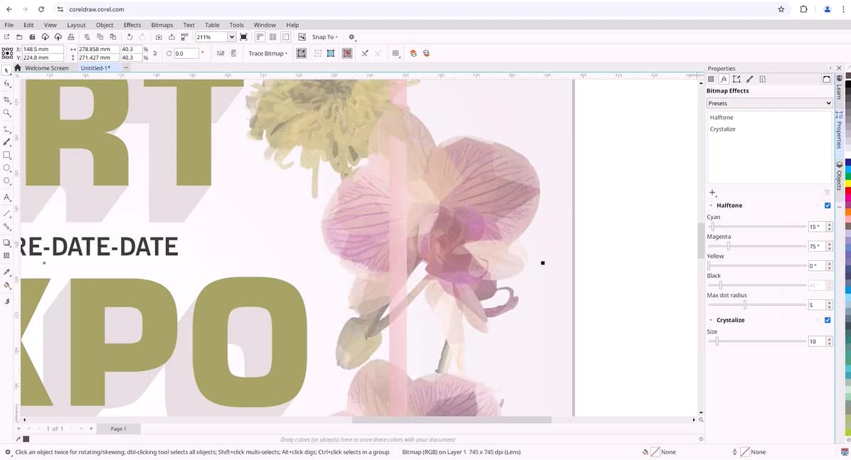 Рабочее пространство CorelDRAW с макетом и панелью свойств