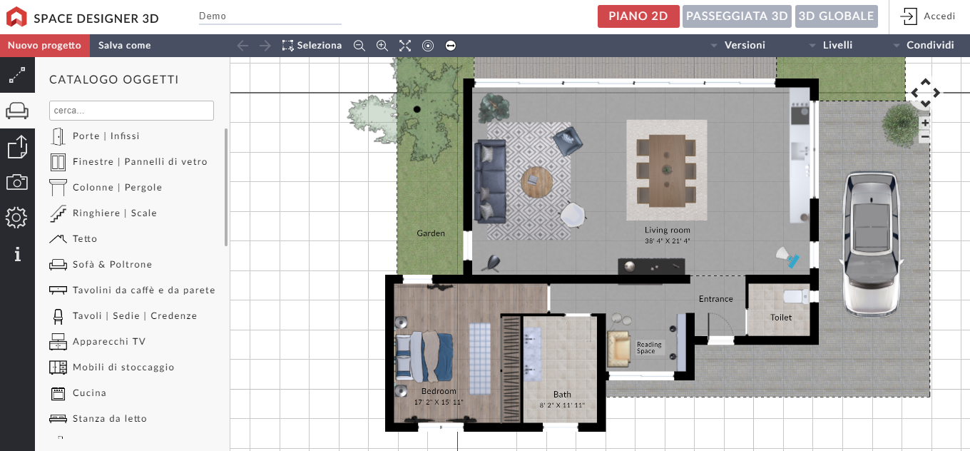 Интерфейс Space Designer 3D с планом дома, каталогом объектов и переключением между 2D и 3D