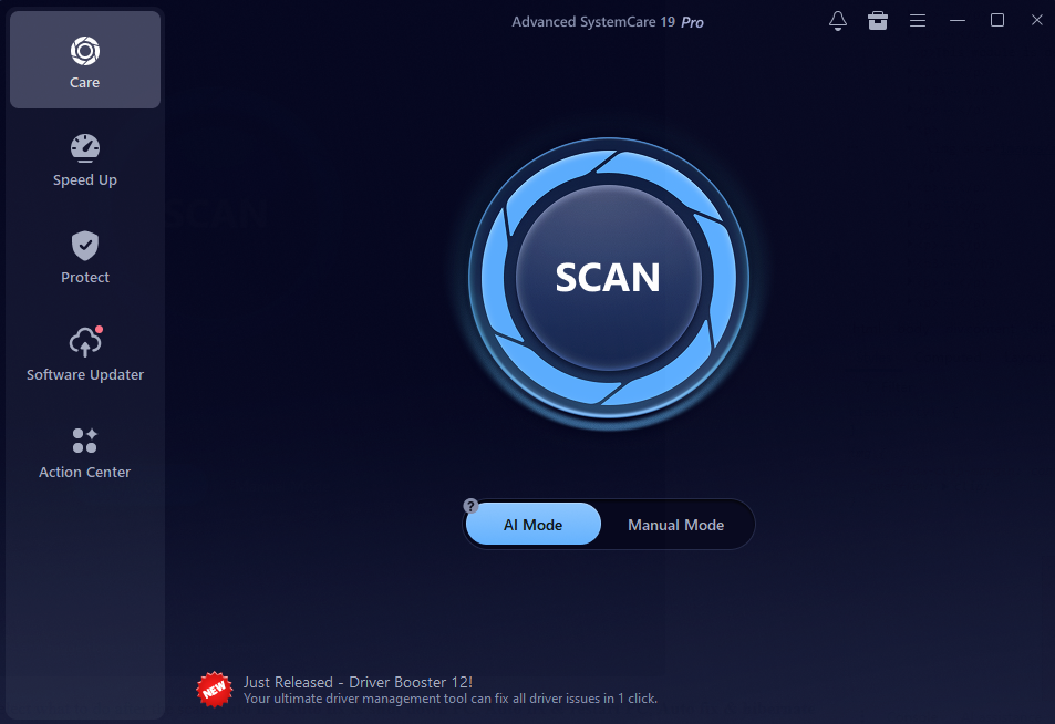 Запуск сканирования Advanced SystemCare через кнопку SCAN