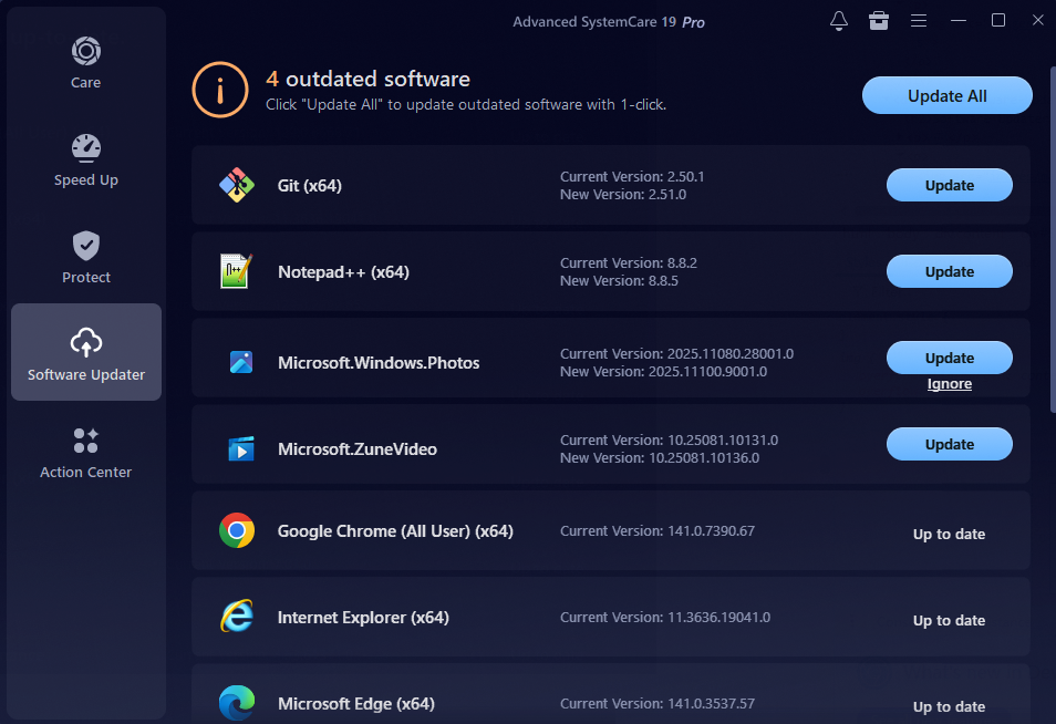 Software Updater в Advanced SystemCare со списком устаревших программ и кнопками Update