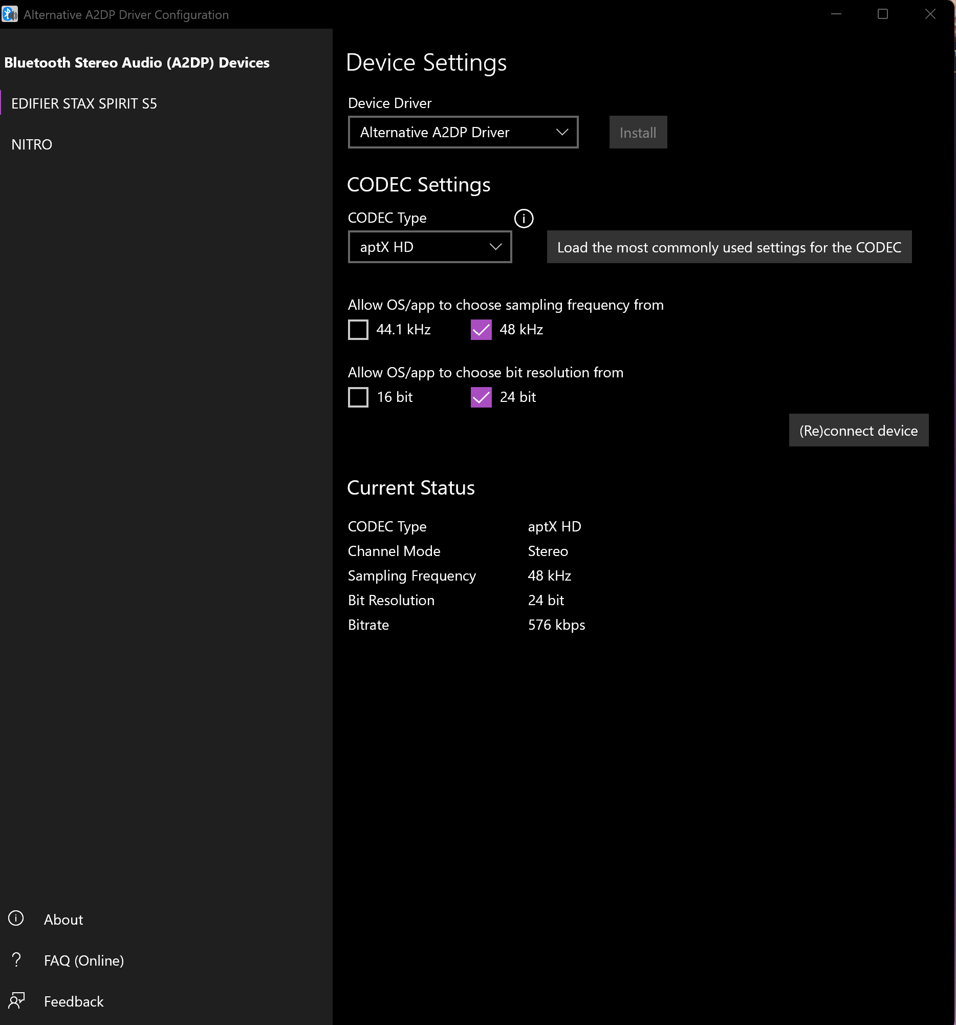 Alternative A2DP Driver с выбранным aptX HD и текущим статусом соединения