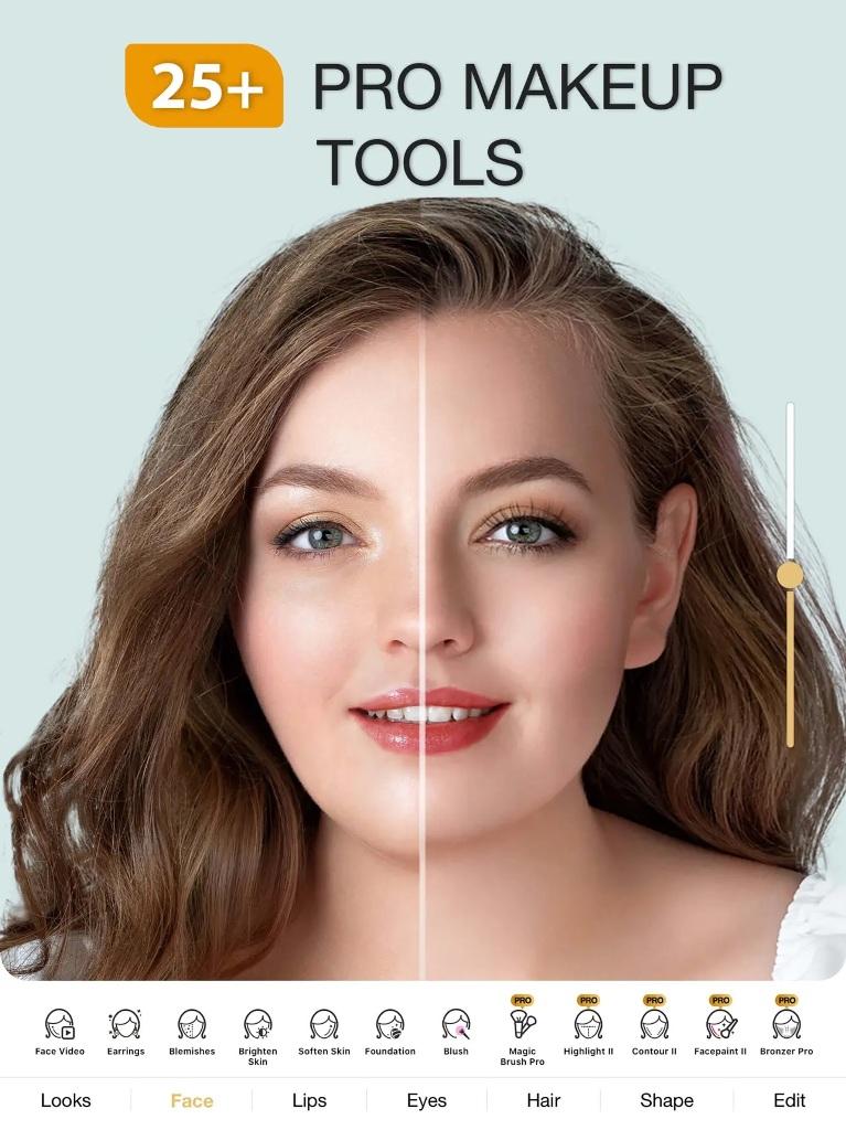 Раздел Face в Perfect365 с инструментами для кожи, тона, румян, контура и подсветки