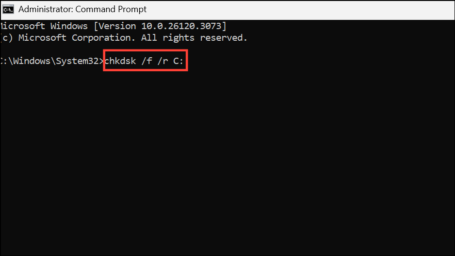 CHKDSK с параметрами f и r в командной строке Windows