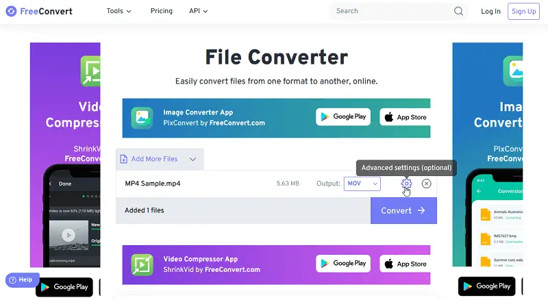 FreeConvert: выбран MOV и доступна кнопка Advanced settings
