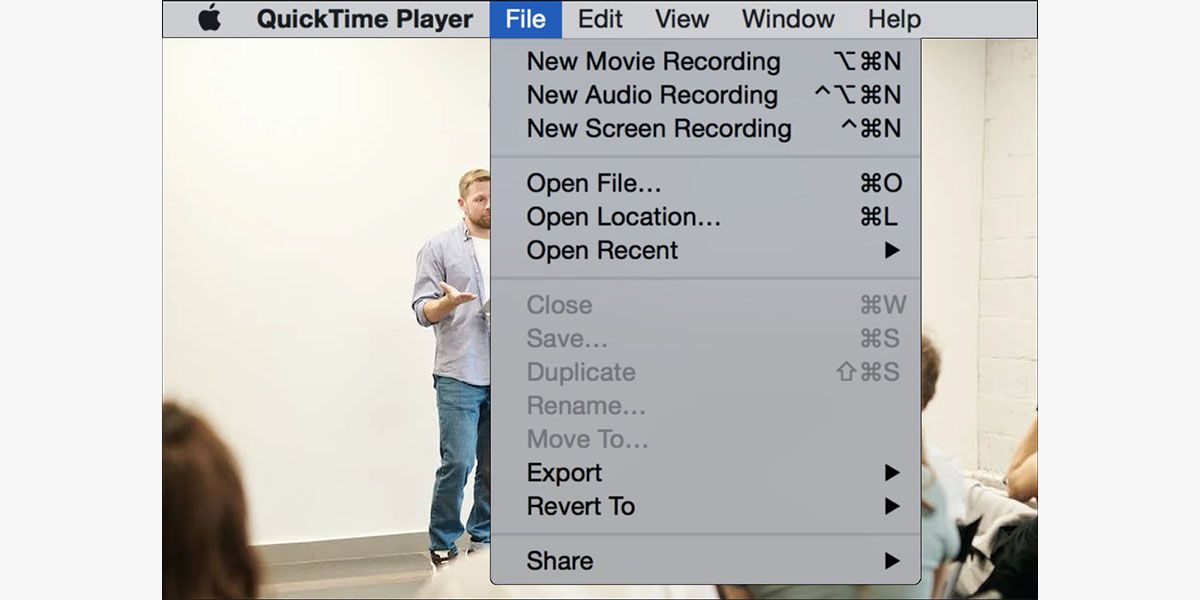 Окно QuickTime Player с командой записи экрана