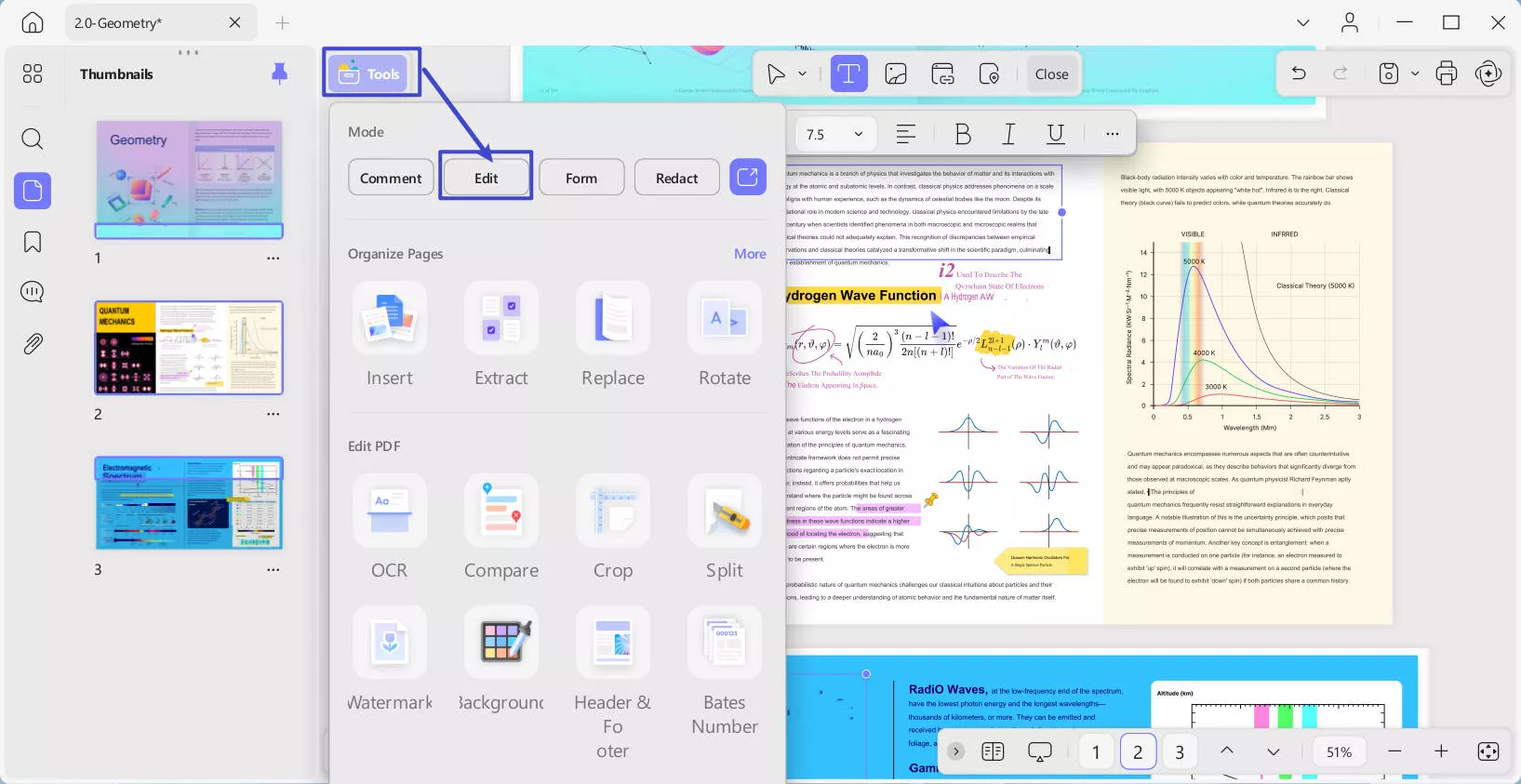 Интерфейс UPDF: режим Edit, инструменты OCR, Compare, Crop, Split, Watermark и управление страницами