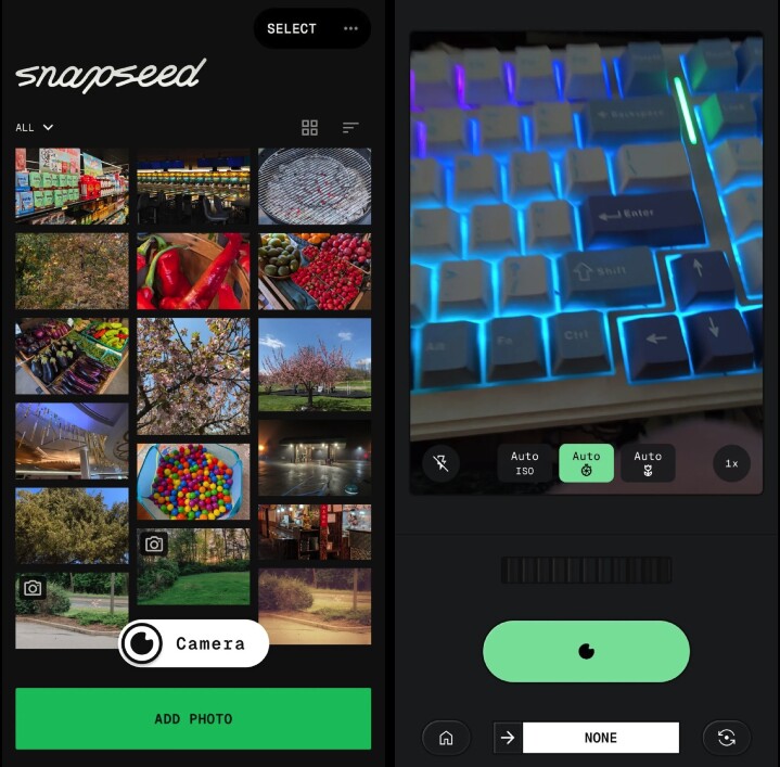 Главный экран Snapseed 4 на Android с выбором фотографий и встроенной камерой