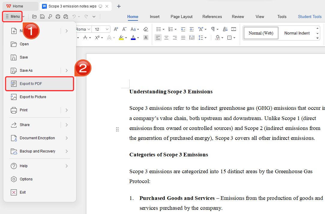 Команда Export to PDF в WPS Office