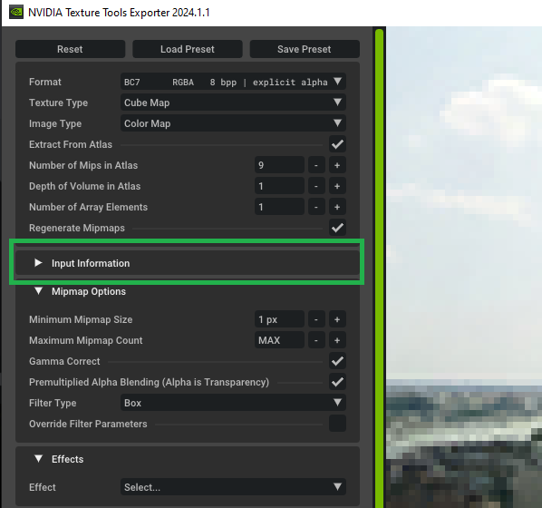 Панель NVIDIA Texture Tools Exporter с Input Information и настройками mipmap