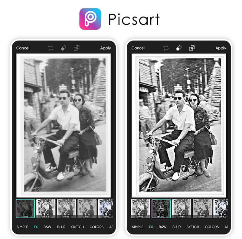 Интерфейс PicsArt с панелью FX и плёночными фильтрами