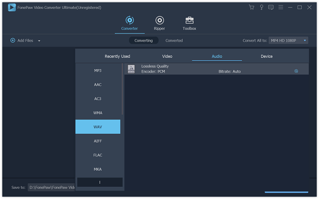 Выбор WAV Lossless Quality в FonePaw Video Converter Ultimate