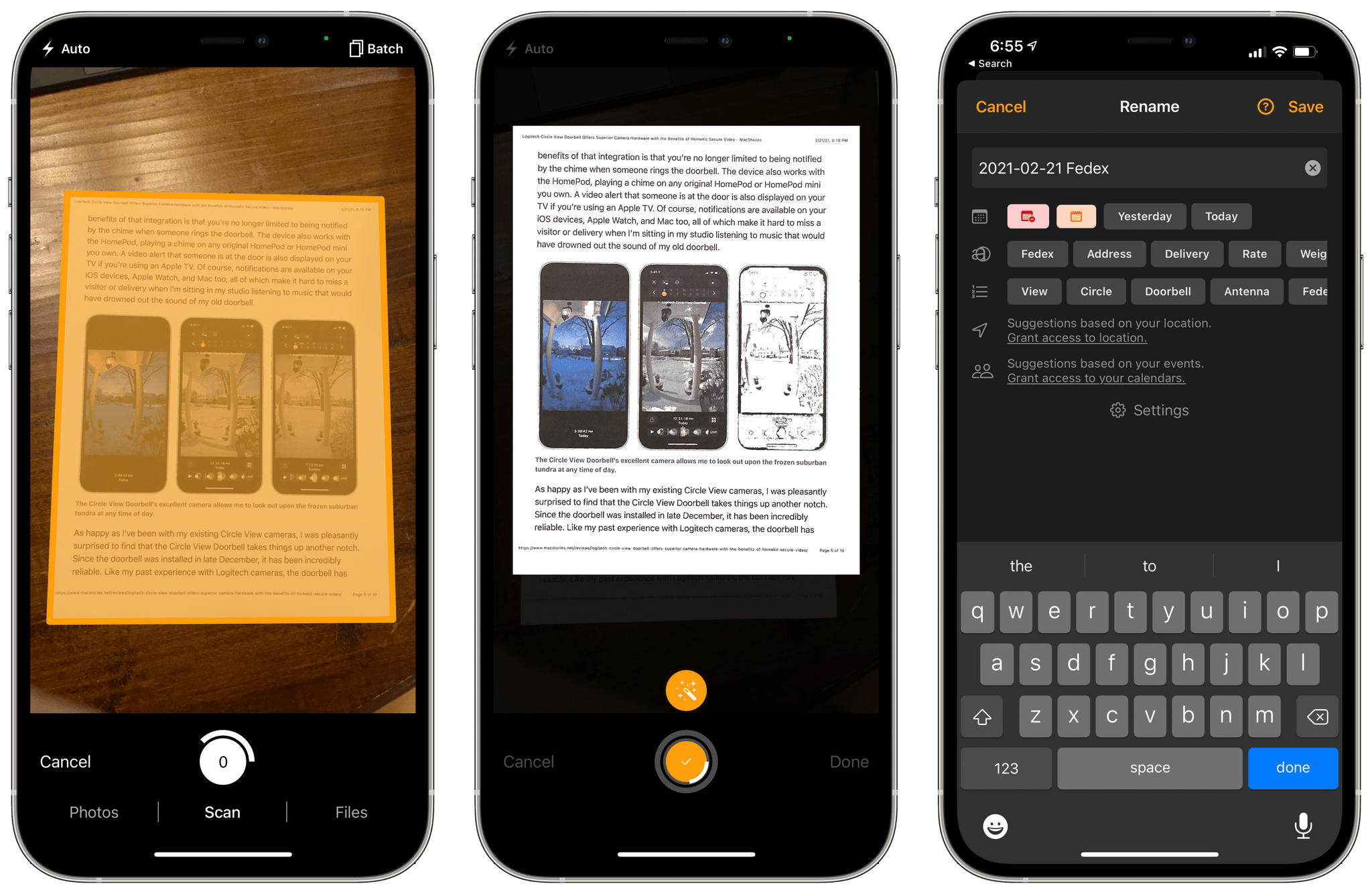 Интерфейс Genius Scan при захвате и организации мобильного скана