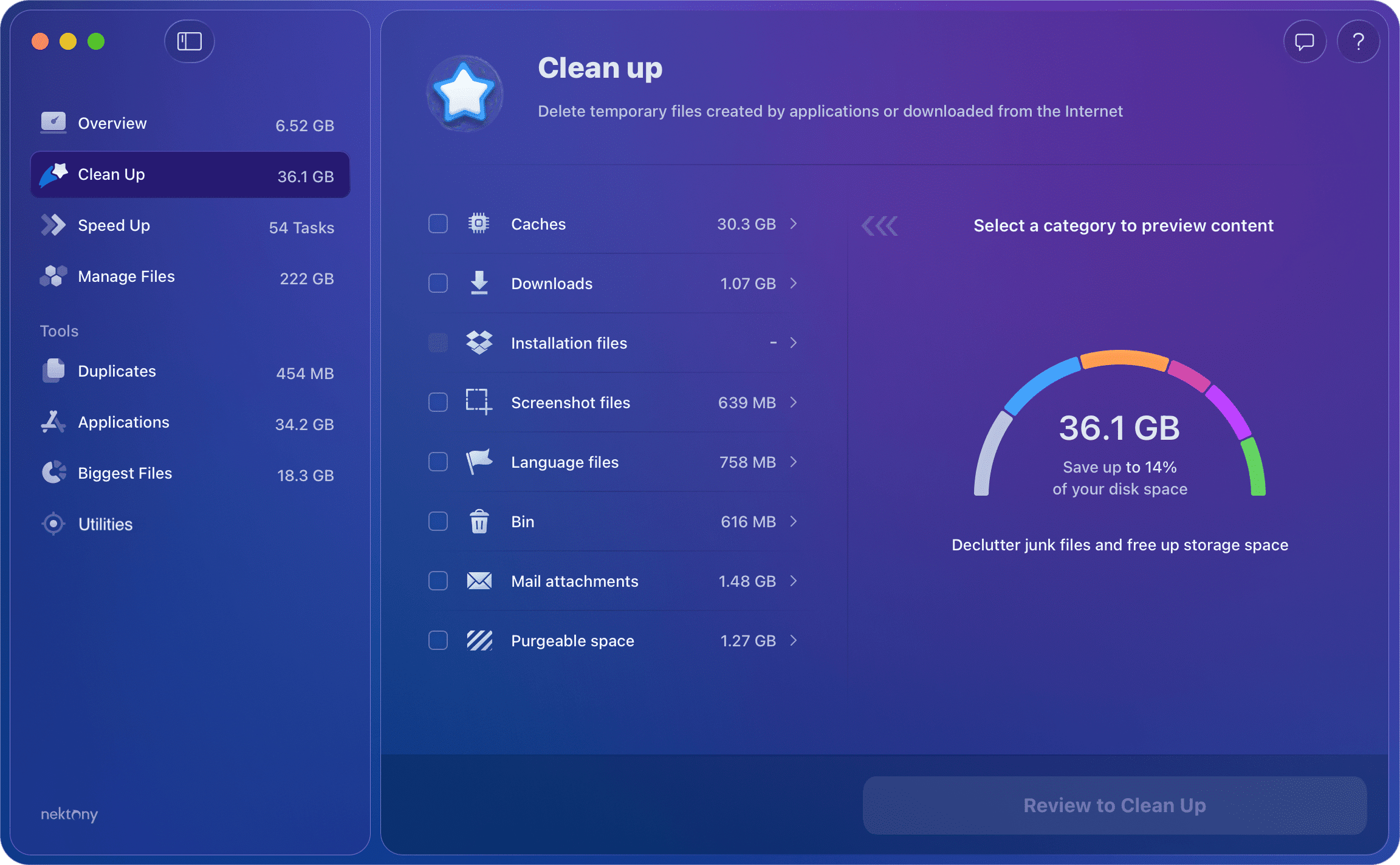 Раздел Clean Up и категории файлов в MacCleaner Pro