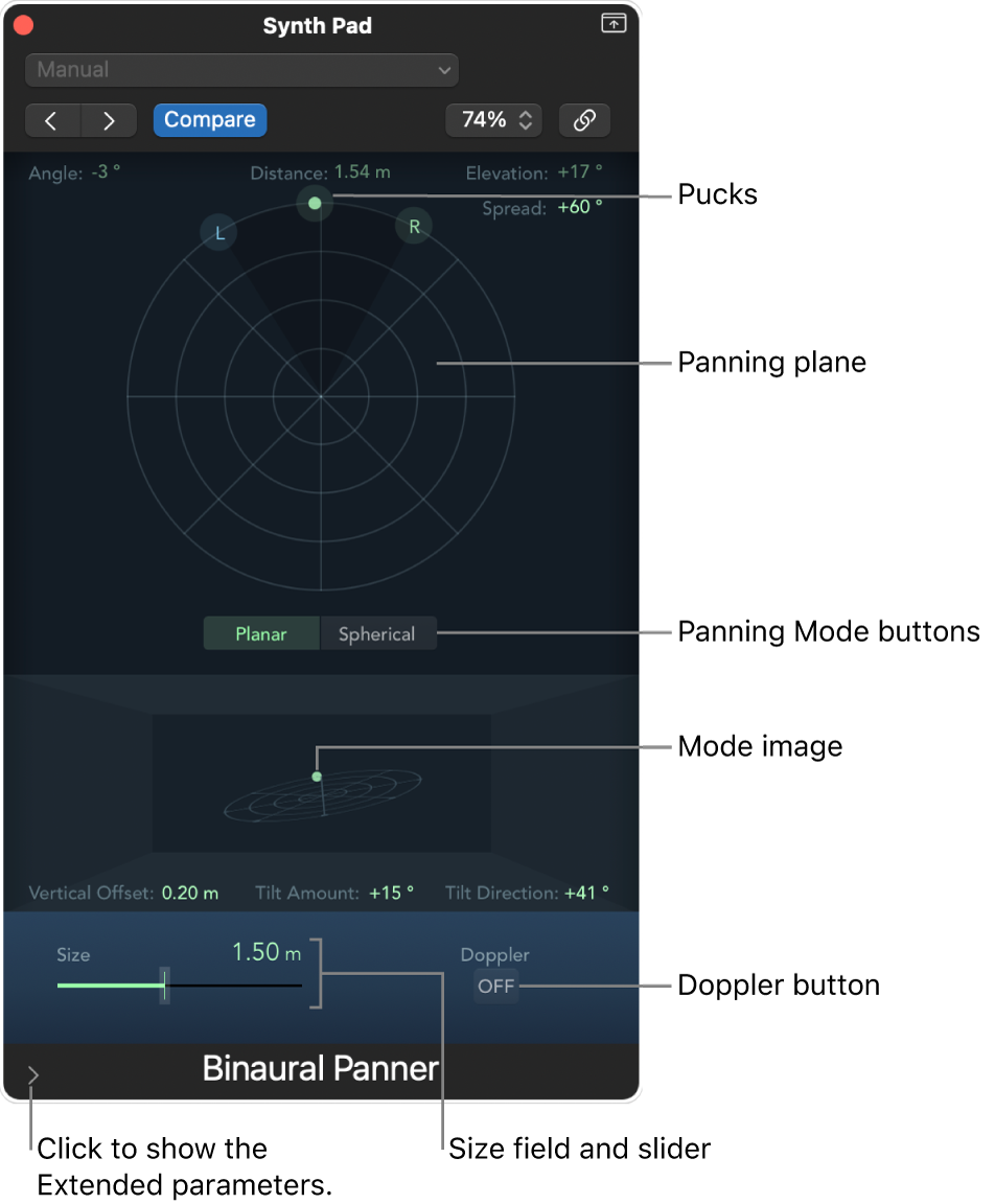 Окно Binaural Panner в Logic Pro