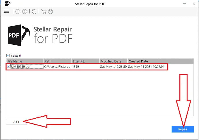Запуск Repair в Stellar Repair for PDF